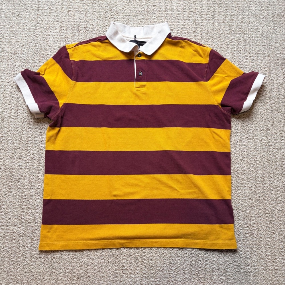 Banana Republic Mens L Rugby Stripe Pique Polo Shirt Yellow Burgundy